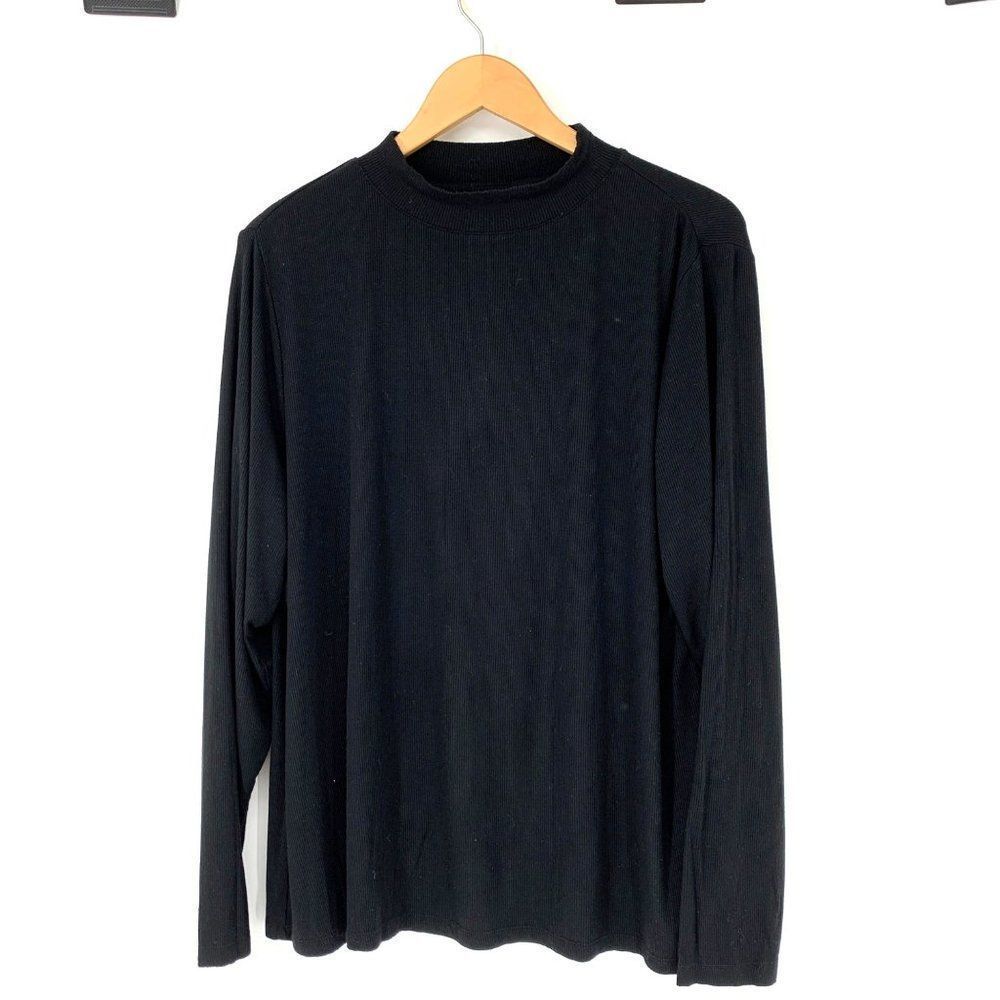 Ava Viv black ribbed knit top womens plus size 1x band collar long sleeve 3911